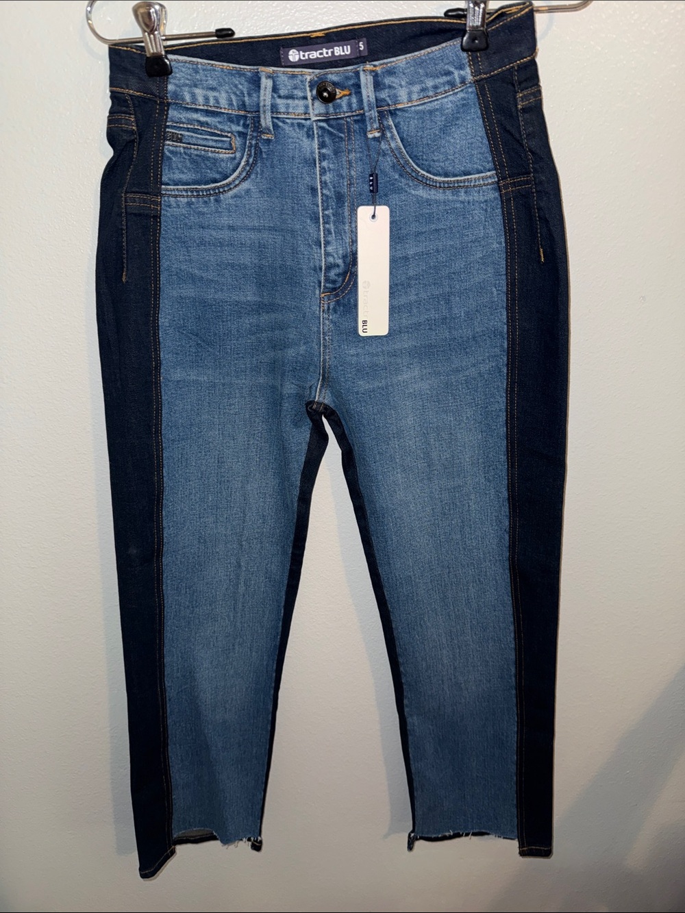 Tractr Two-Tone Denim Panel Boyfriend Jeans - Light & Dark Blue